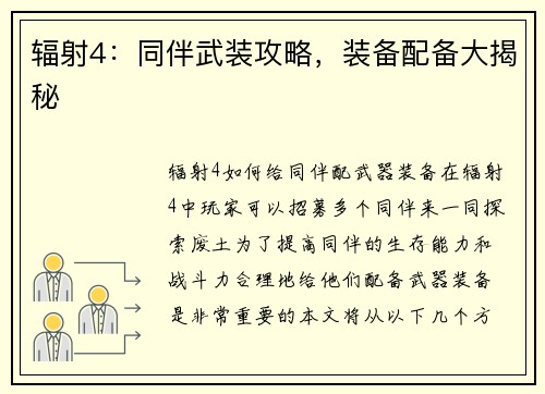 辐射4：同伴武装攻略，装备配备大揭秘